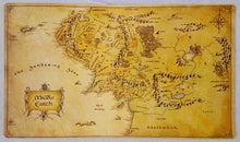 Load image into Gallery viewer, Masters of trade Lord of the Rings Middle Earth Map LOTR TCG playmat, gamemat 24&quot; wide 14&quot; tall